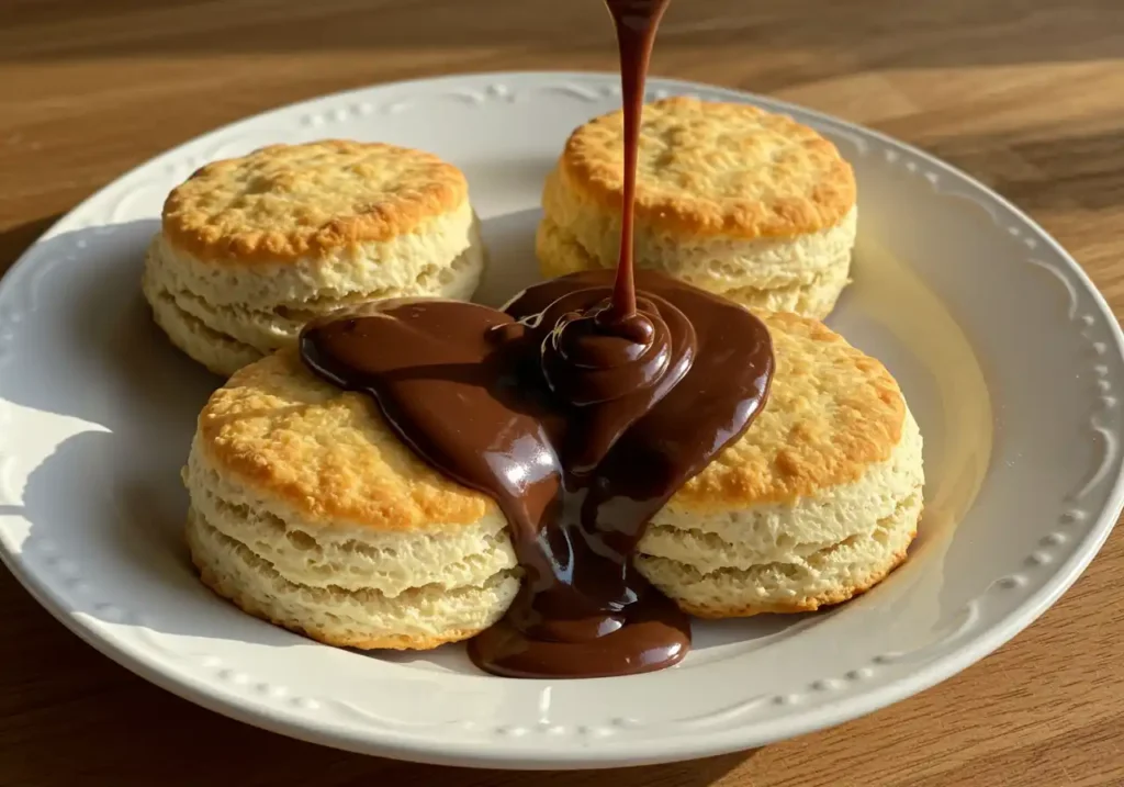 Chocolate gravy being poured over three biscuits on a white plate.