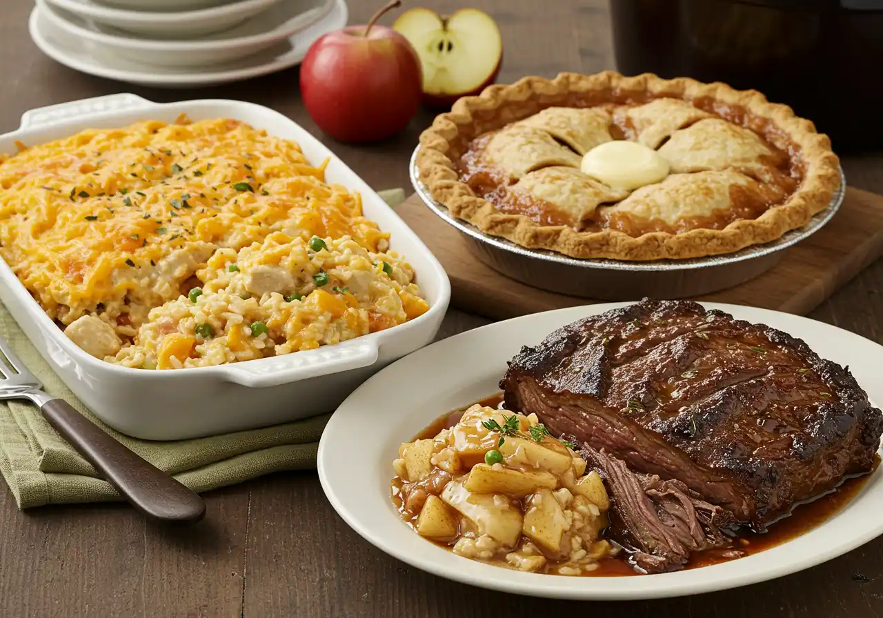 Table featuring three Taste of Home Recipes: casserole, apple pie, and roast with apple side.