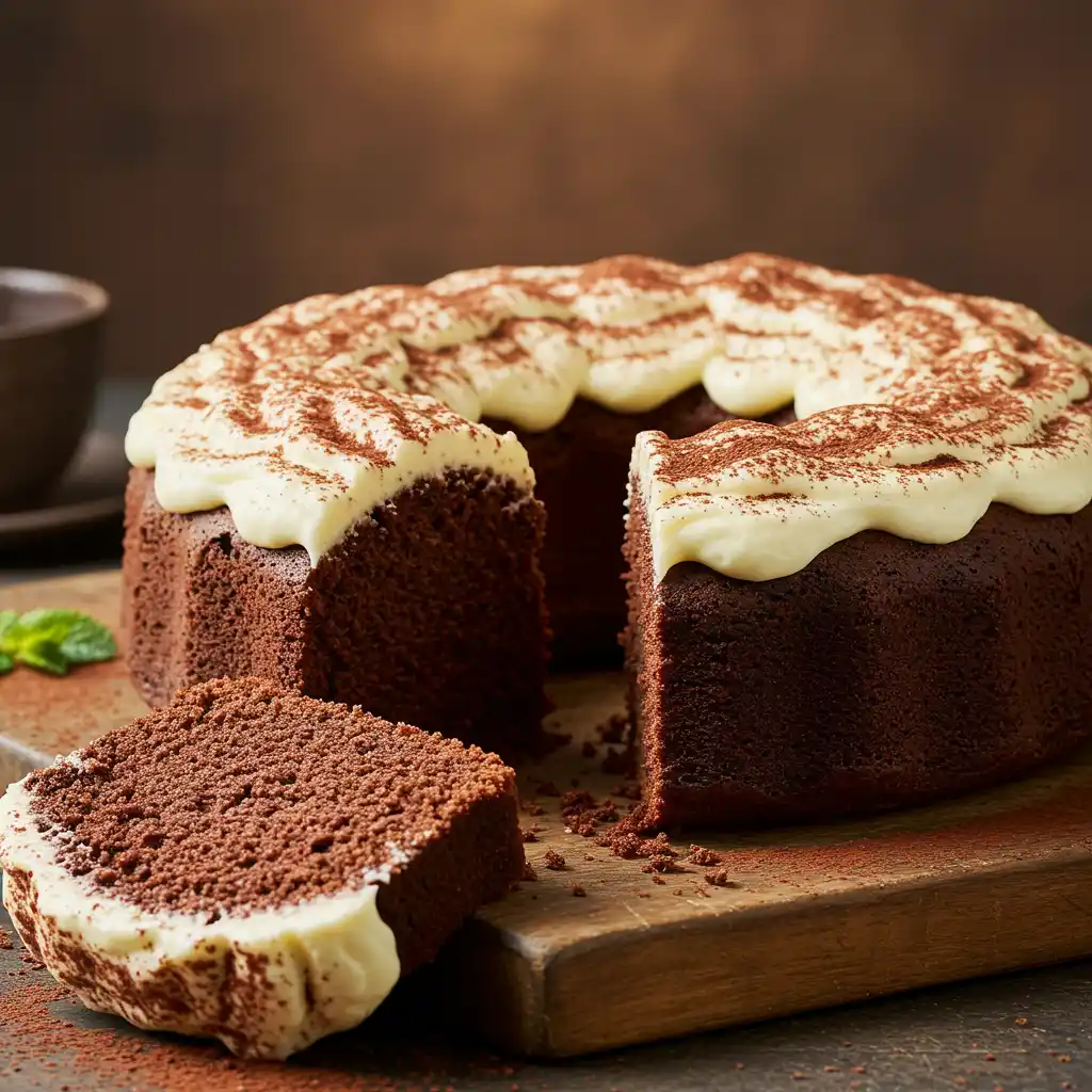 A sliced Gordon Ramsay Chocolate Cake with cream cheese frosting, dusted with cocoa powder, on a wooden board.