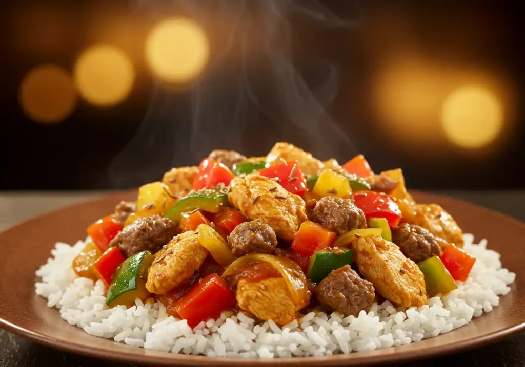 Plate of terra massoud Chicken with rice, showing chicken, red and green peppers, and sauce.