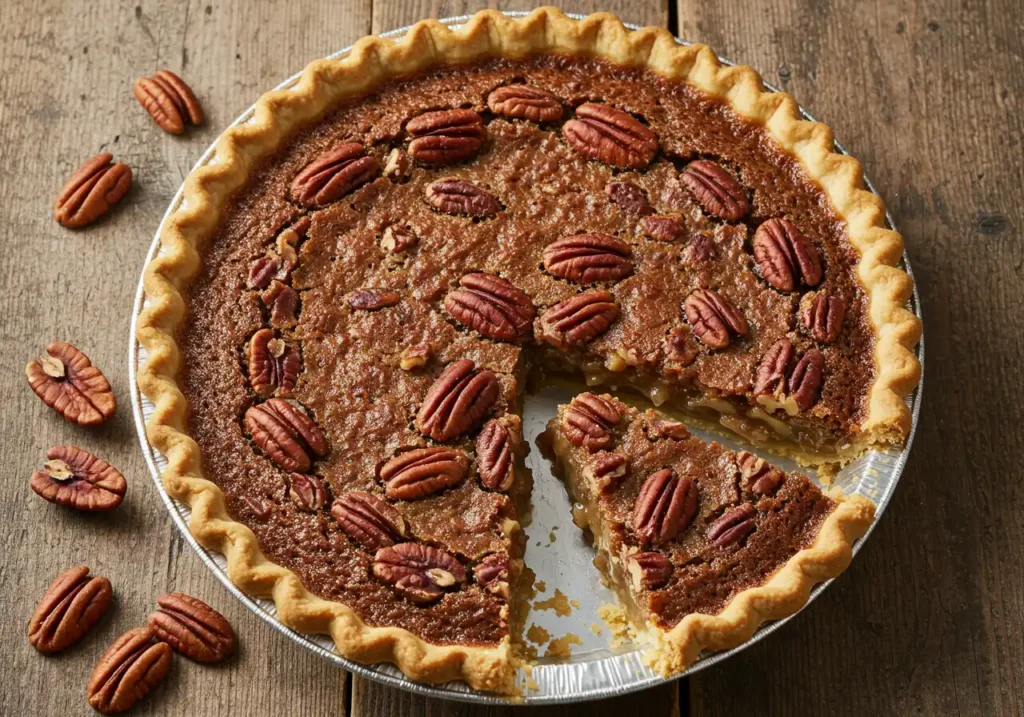 Overhead view of a pecan pie with a slice cut out on a rustic wooden table.