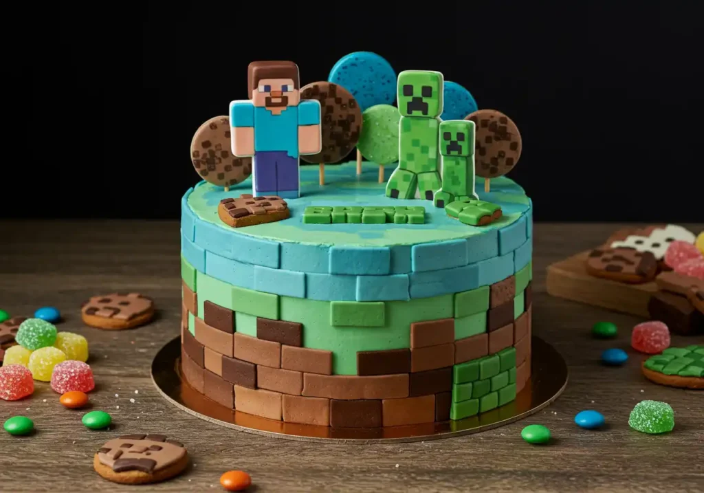 Minecraft-themed cake with fondant decorations, including Steve, Creepers, trees, and blocky textures.