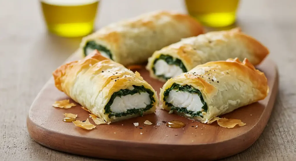 Three golden-brown pastry Halibut and Spinach Wrapped in Filo on a wooden cutting board, with small bowls of olive oil in the background.