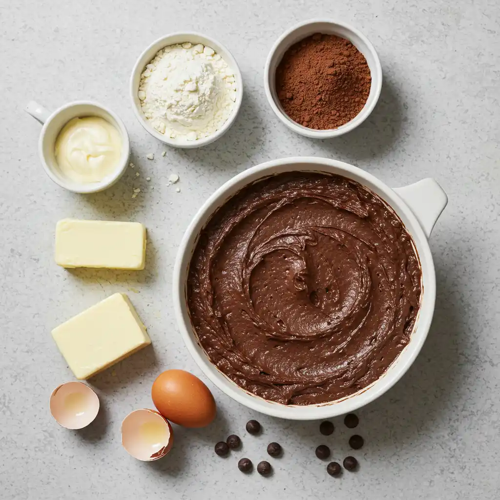 Overhead view of ingredients for Rich Chocolate Pound Cake: batter, flour, cocoa powder, butter, eggs, and chocolate chips.