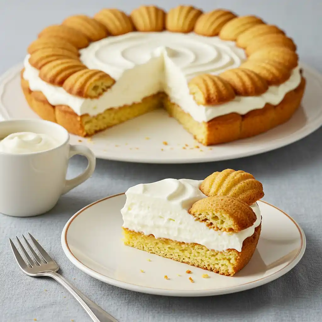  Slice of cream cake showing layers and frosting, with madeleine cookies used as decoration, and a full cake in the background.