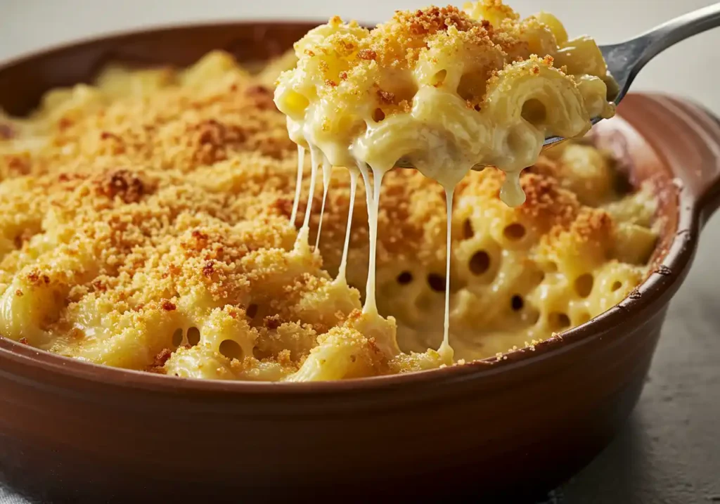 Spoonful of Tini Mac and Cheese being lifted from a baking dish, showing gooey cheese and breadcrumb topping.