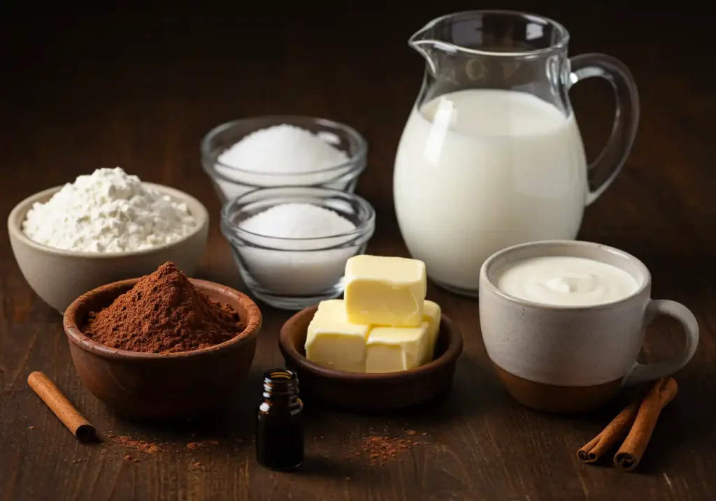 Assortment of ingredients for Chocolate Gravy Recipe: flour, sugar, cocoa powder, butter, milk, cream, vanilla, and cinnamon.