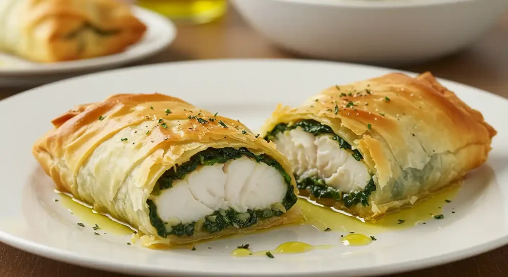 Two halves of a baked fish en croute on a white plate, revealing white fish and spinach filling, with lemon slices and olive oil.