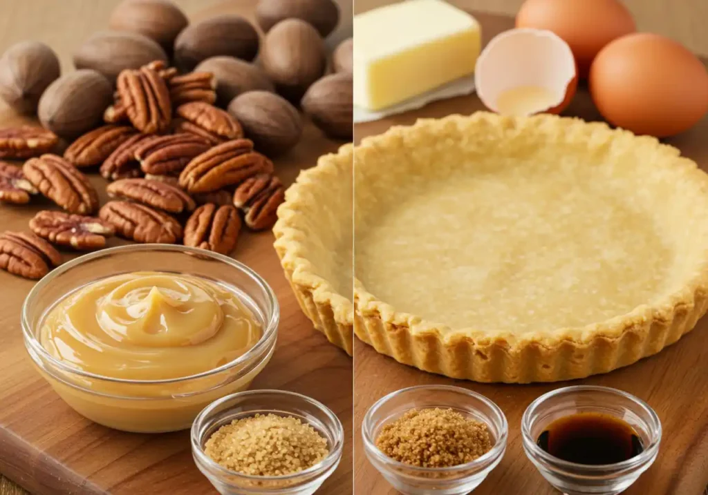 Collage of pecan tart ingredients: pecans, butter, eggs, caramel, sugar, and a pre-made tart shell.