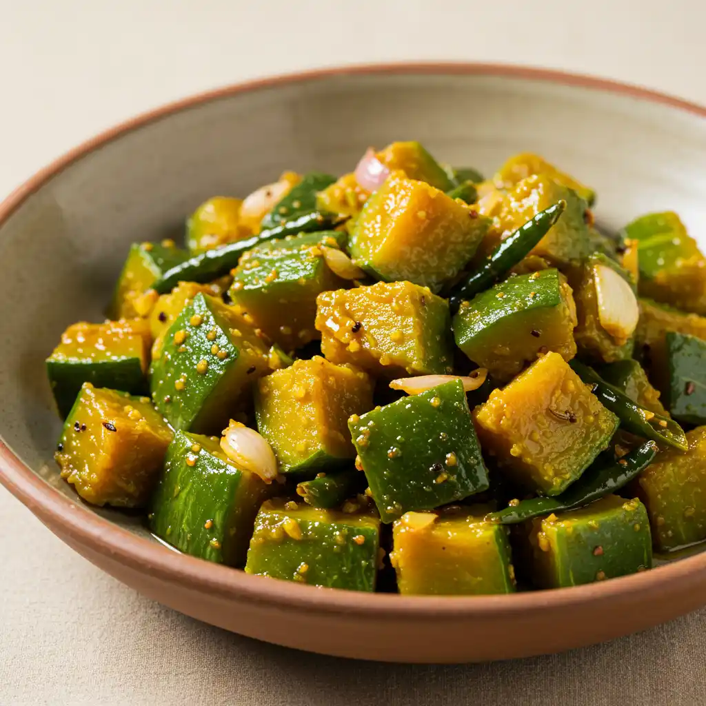 A bowl of Chinese Stir-Fried Green Pumpkin with visible pumpkin cubes, garlic, and spices.