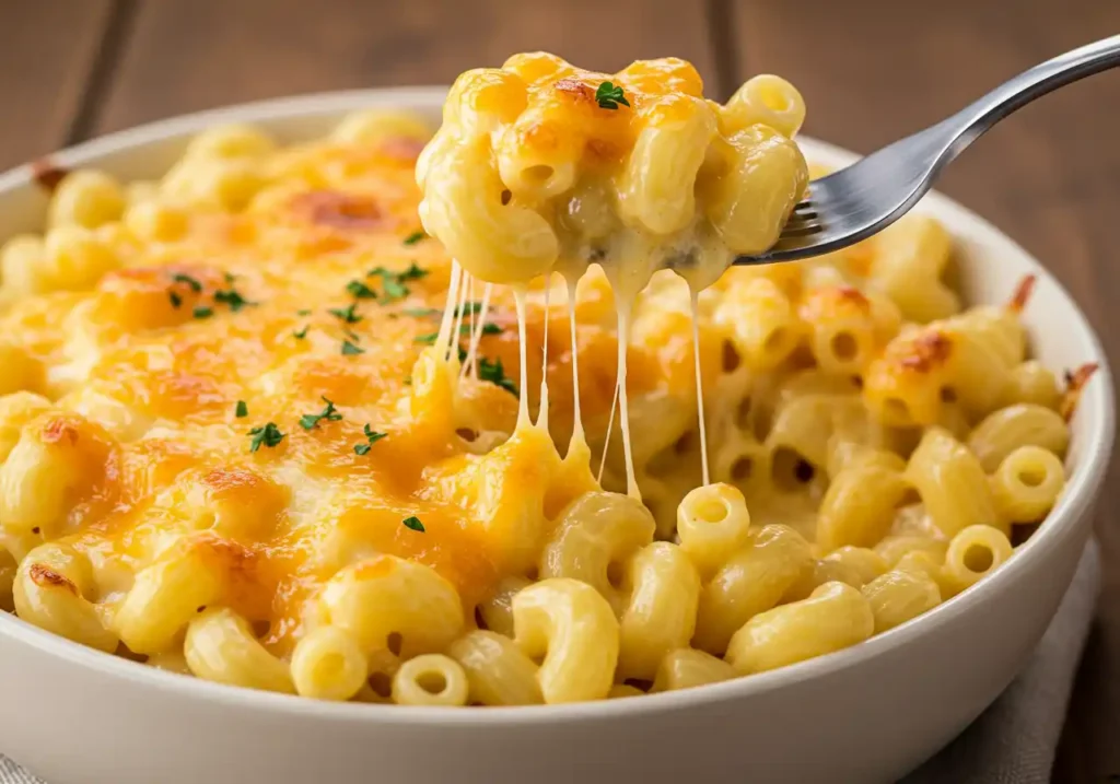 Forkful of Tini Mac and Cheese being lifted from a bowl, showing gooey cheese and baked topping.