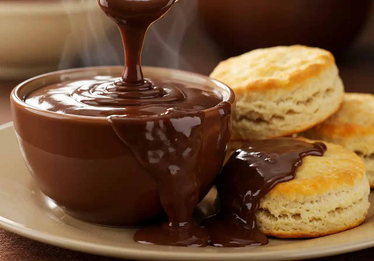 Chocolate gravy being poured from a spoon into a bowl and over biscuits, with steam rising.