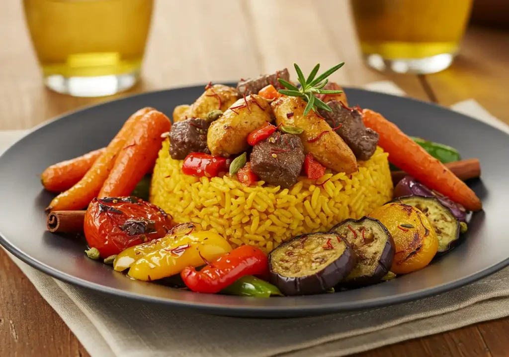  Plate of saffron rice pilaf with meat, roasted carrots, peppers, eggplant, and a sprig of rosemary.