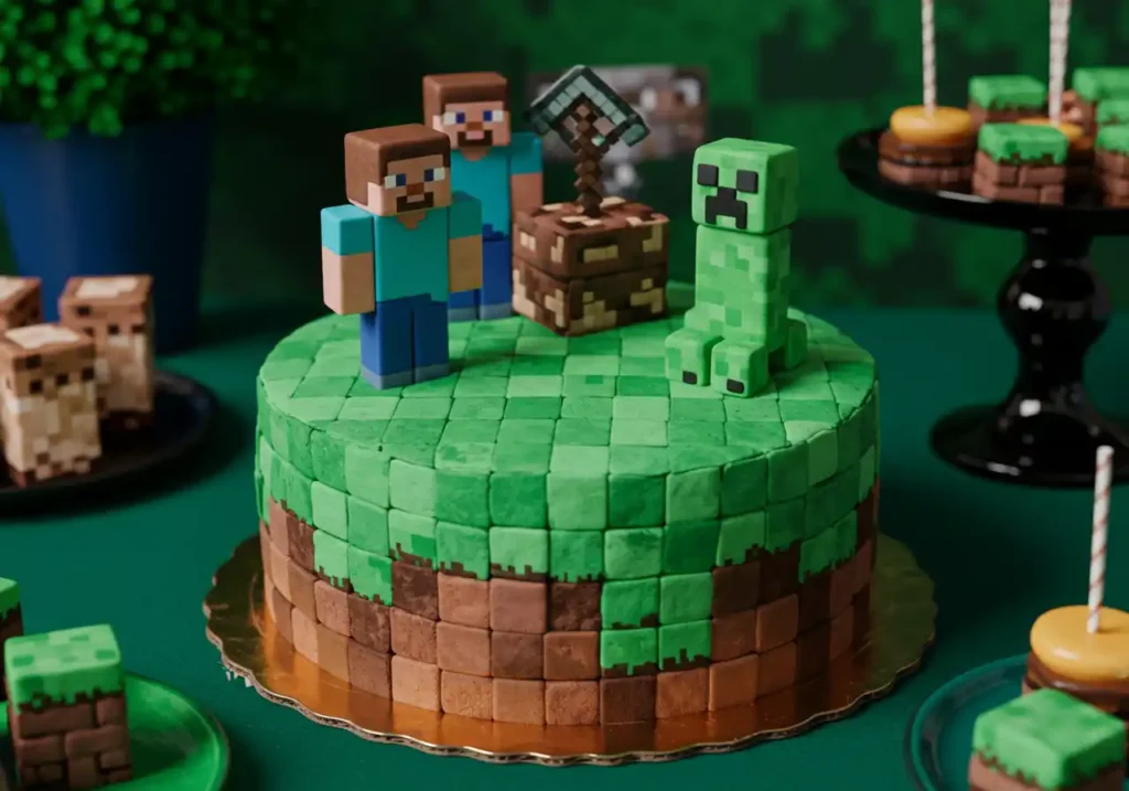 Minecraft-themed cake with fondant decorations of Steve, another character, a Creeper, and blocky textures.