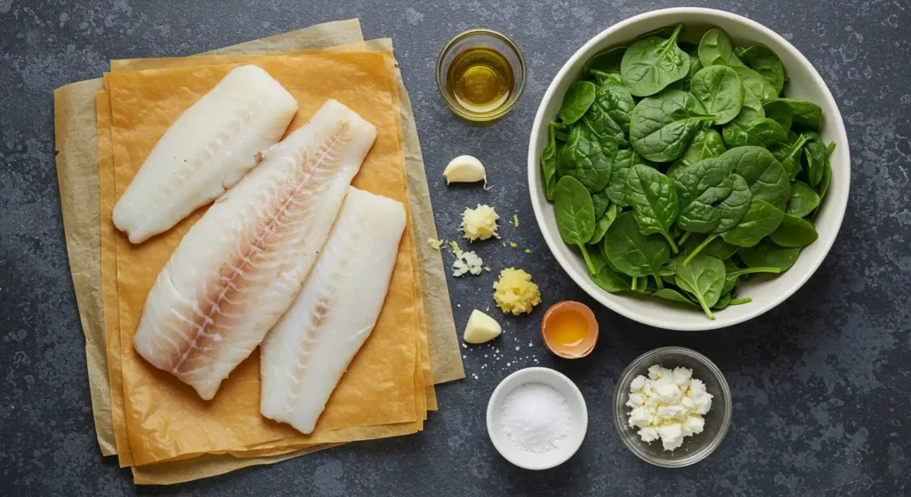 Flat lay of raw cod fillets, spinach, feta cheese, garlic, olive oil, and an egg on a dark background.