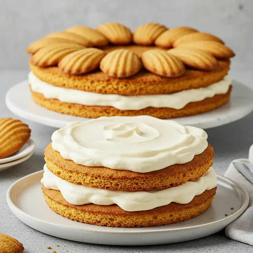 Two cream cakes, one fully assembled with madeleine cookies, the other showing layers and frosting, with madeleine cookies on a plate.