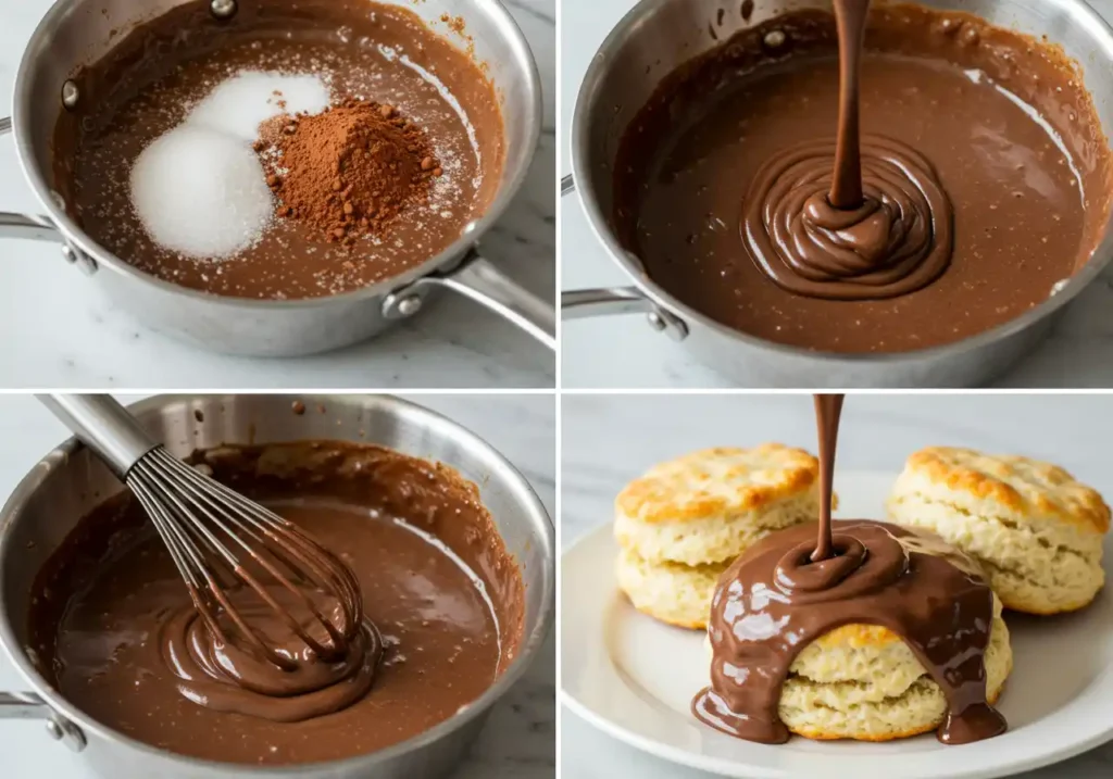 Collage of four images showing the steps for making this Recipe, from mixing ingredients to pouring over biscuits.