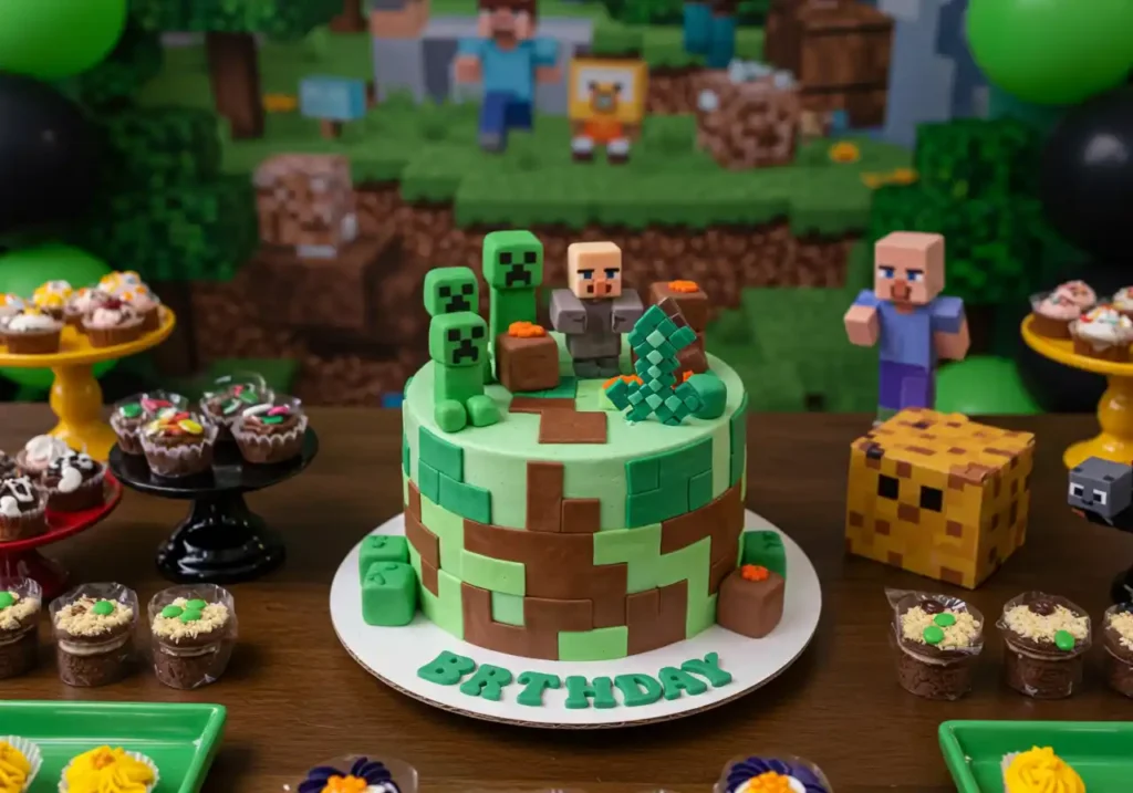 Minecraft birthday cake with fondant decorations of Creepers, characters, and blocky textures, surrounded by themed treats and decorations.