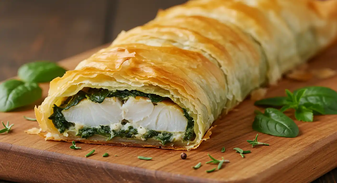 Close-up of a golden-brown pastry-wrapped fish dish on a wooden cutting board, garnished with fresh herbs.