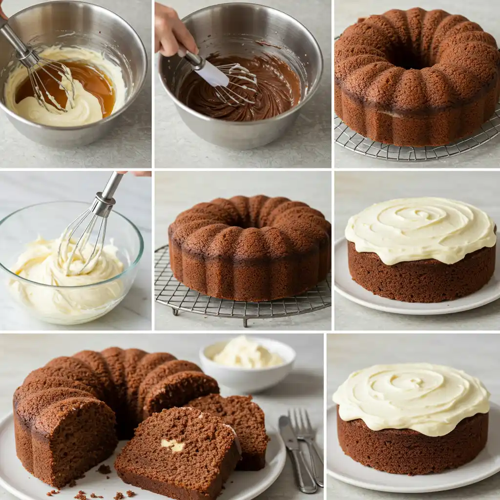  Collage showing step-by-step process of making Cake Frosting, from mixing to finished cake.