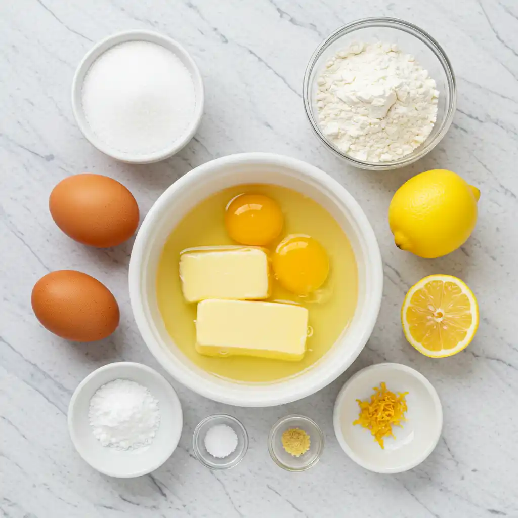 Overhead view of ingredients for madeleine cookies: sugar, flour, eggs, butter, lemon, baking powder, salt.