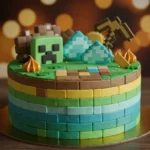 Minecraft-themed cake with fondant decorations of a Creeper, diamonds, a pickaxe, and blocky textures.