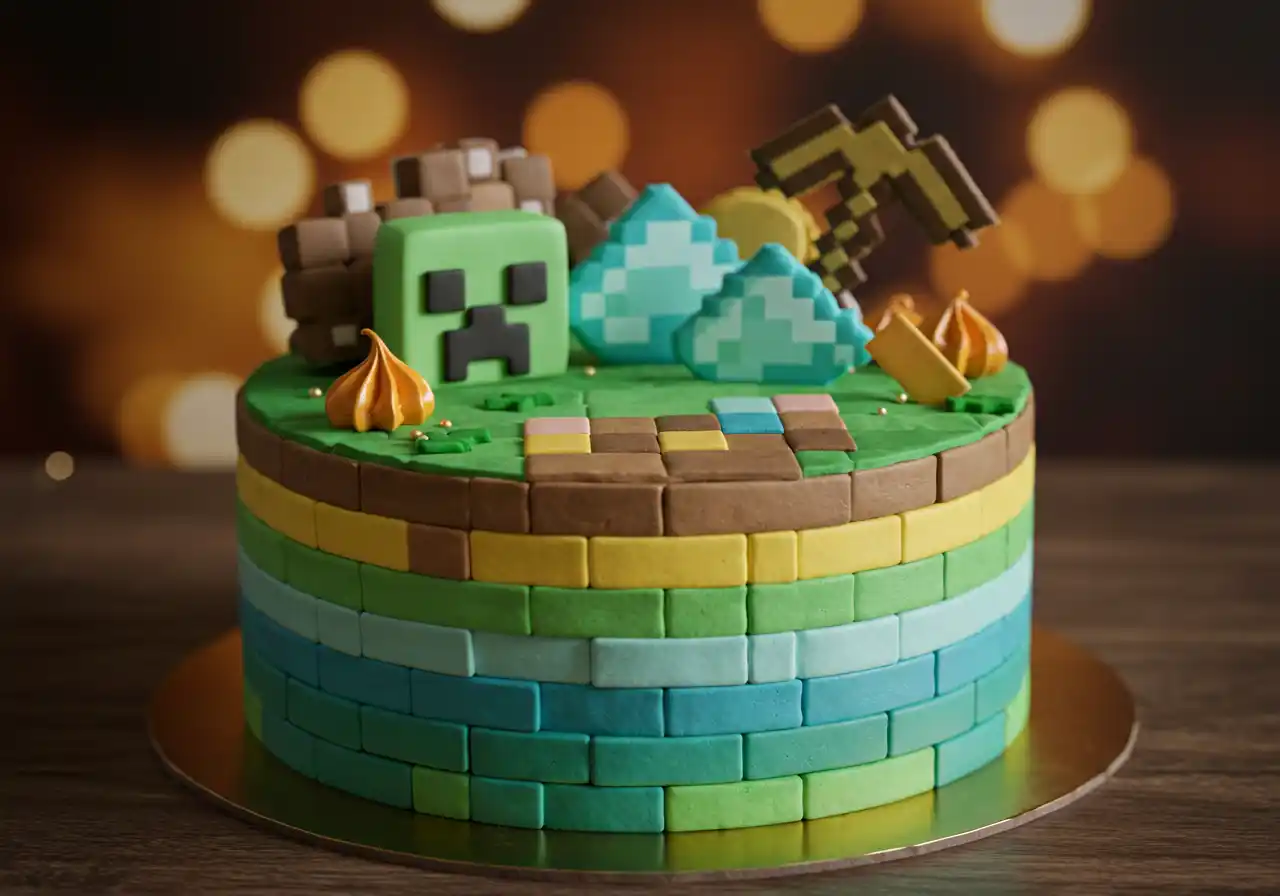 Minecraft-themed cake with fondant decorations of a Creeper, diamonds, a pickaxe, and blocky textures.