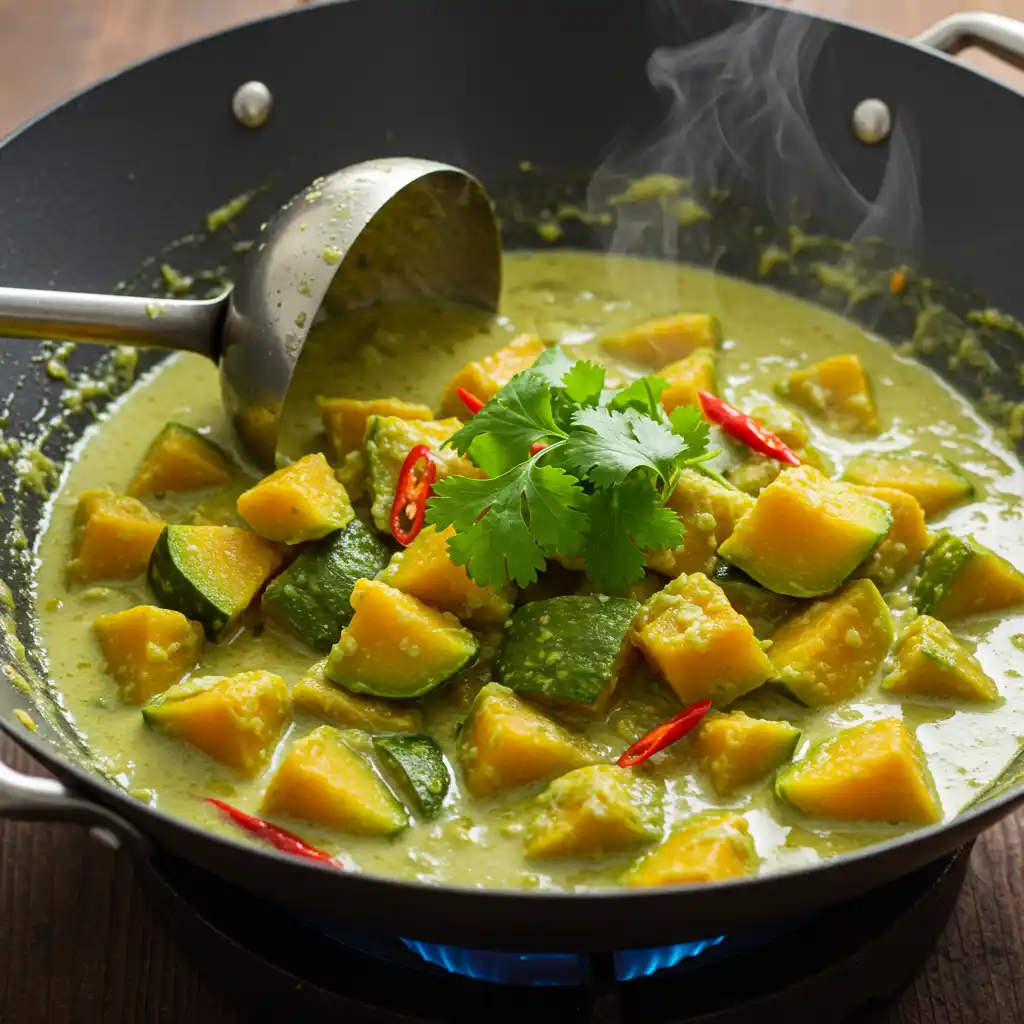 A bowl of Thai Green Pumpkin Curry with chunks of pumpkin, garnished with cilantro and chili peppers.