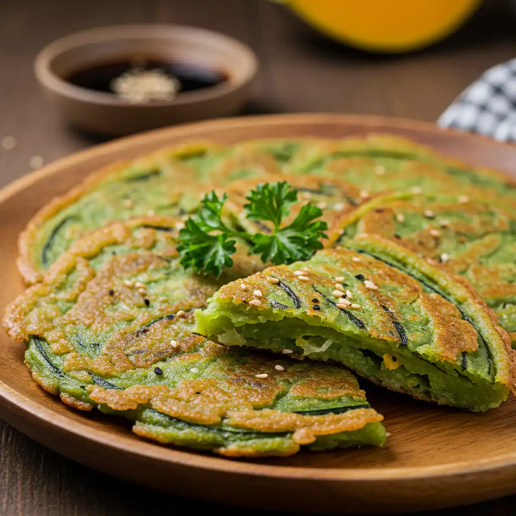 A plate of Korean GreenPumpkin Jeon (Savory Pancakes) with a dipping sauce in the background.