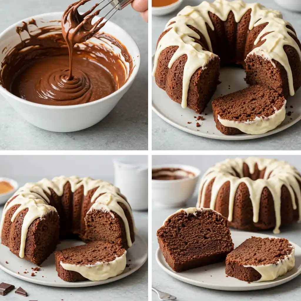 Collage of four images showing the steps of making Chocolate Pound Cake with Cream Cheese Frosting, including mixing batter and finished cake.