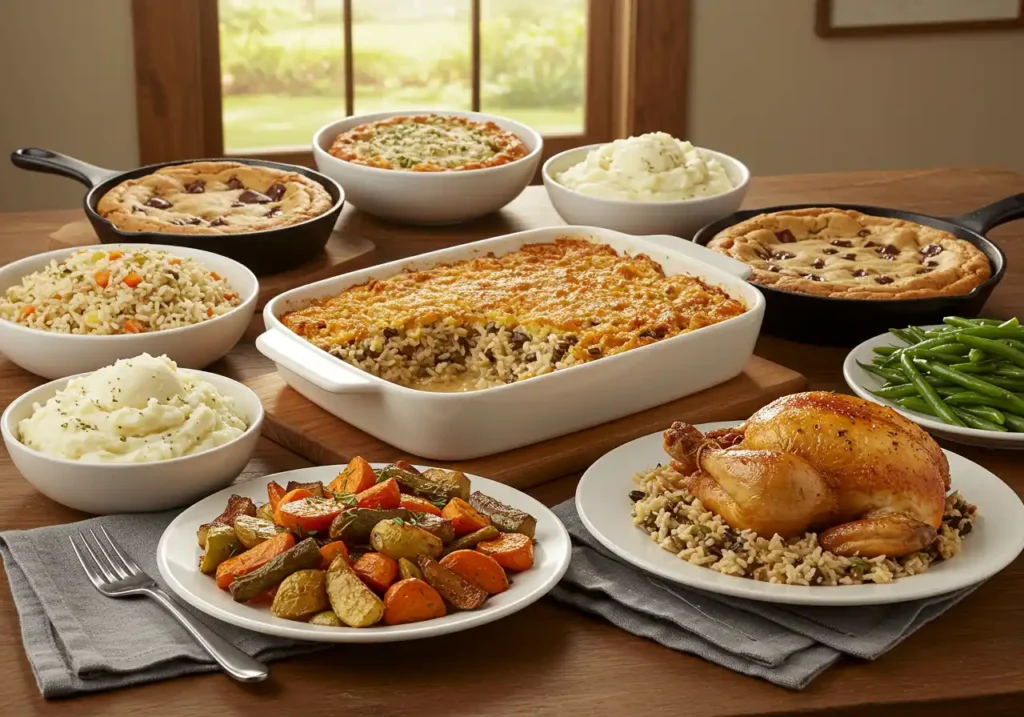 Table spread of Taste of Home Recipes including a roasted chicken, casseroles, vegetables, and desserts.