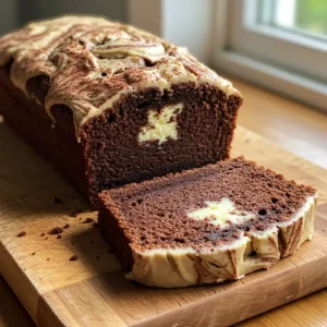 A slice of Decadent Chocolate Cream Cheese Pound Cake (Gordon Ramsay Recipe) on a wooden board, highlighting its moist texture.