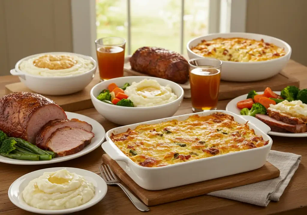 able spread of Classic Family Recipes including ham, casseroles, mashed potatoes, and vegetables.