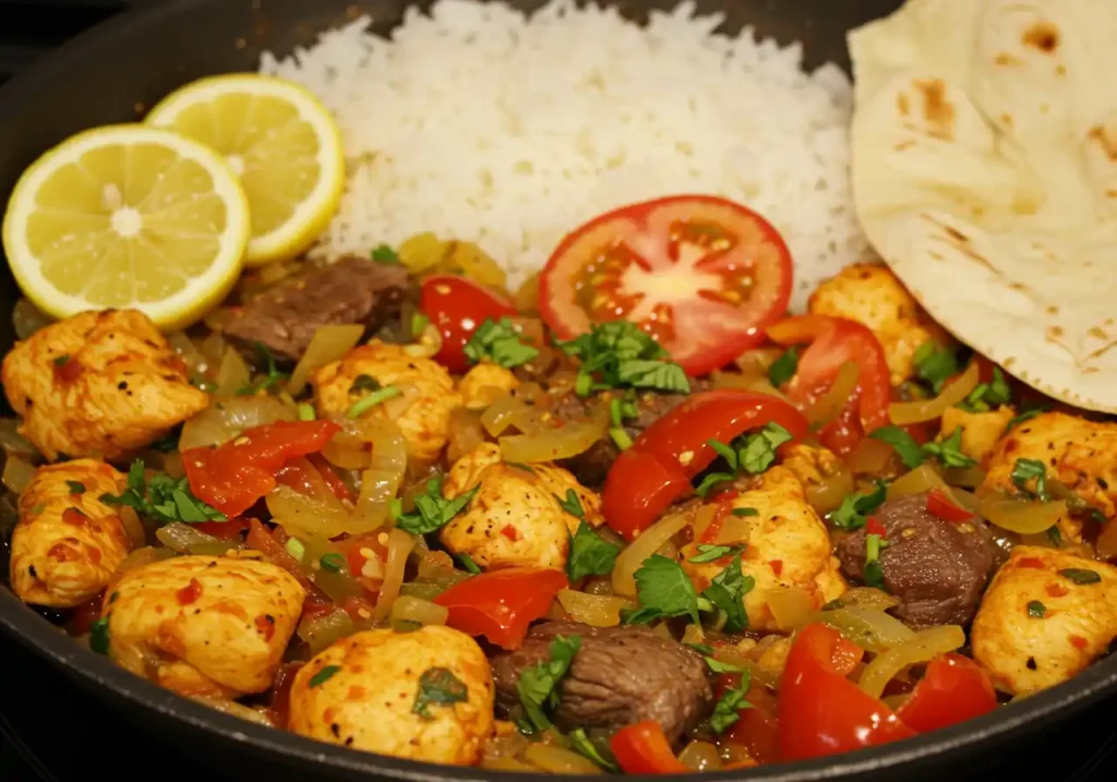  terra massoud with chicken, beef, tomatoes, onions, and spices, served with rice, lemon slices, and flatbread.