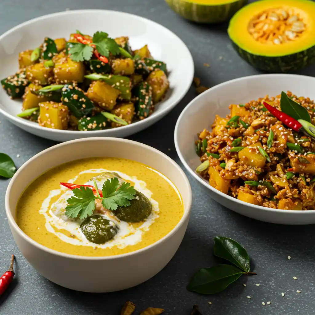 Three bowls featuring diverse Green pumpkin Asian recipes: stir-fry, soup, and a textured dish.