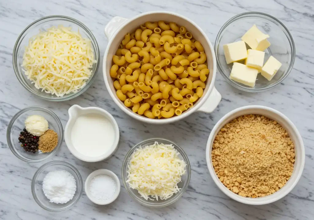 Overhead view of ingredients for Mac and Cheese recipe: pasta, cheese, butter, milk, breadcrumbs, and spices.