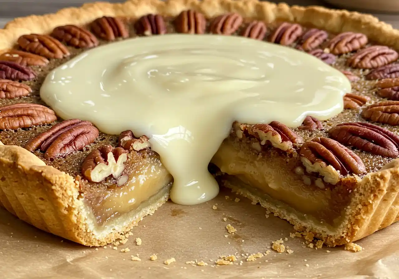 Sliced pecan pie with a creamy vanilla custard center and a golden-brown crust, with a slice cut out and resting on brown paper.