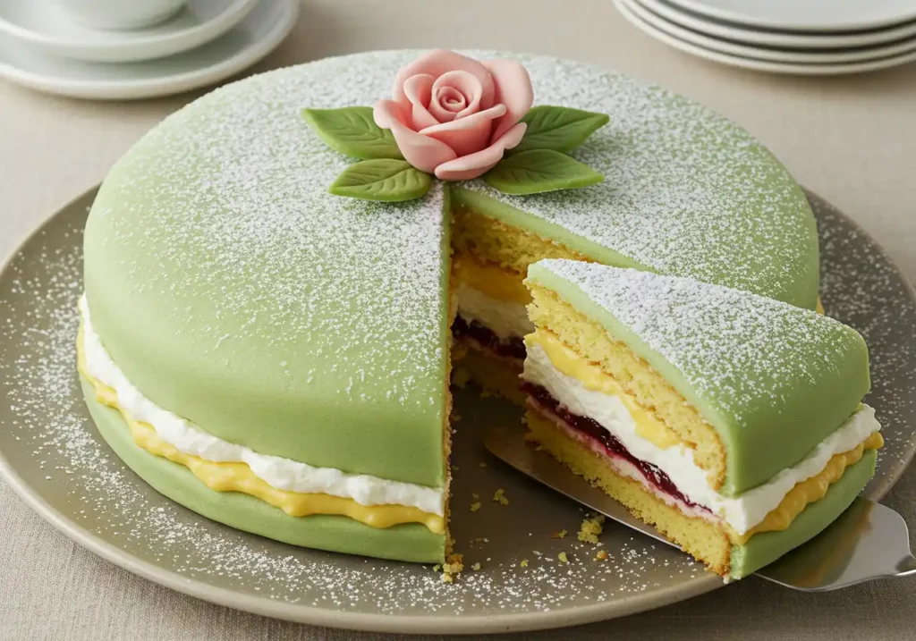 Sliced Prinsesstårta Cake with green marzipan, layers of sponge cake, cream, pastry cream, and jam, dusted with powdered sugar, and topped with a pink marzipan rose.