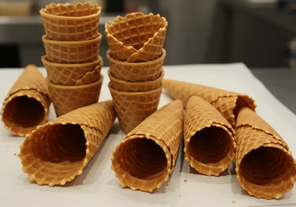 Several waffle cones, some stacked in piles and others laid out individually, on a light surface.