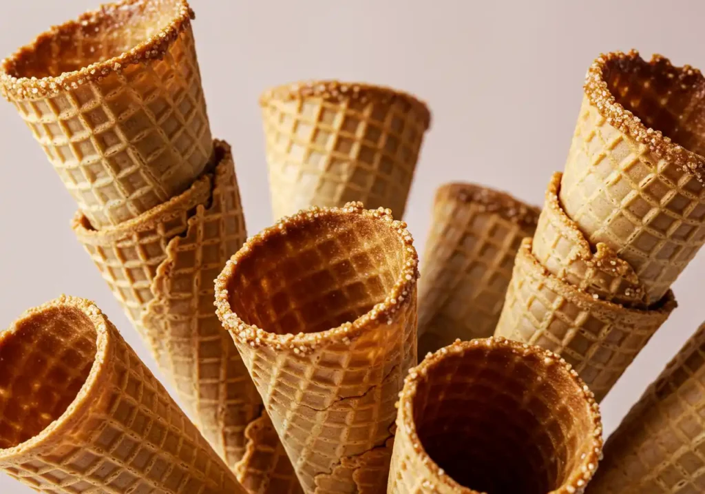 Close-up shot of several waffle cones with sugared rims, arranged against a light background.