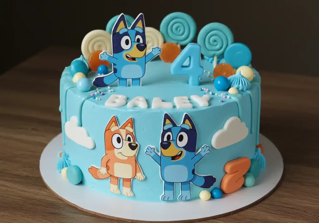 Bluey cake with a sculpted Bluey head, blue frosting, and Bluey-themed decorations in the background.