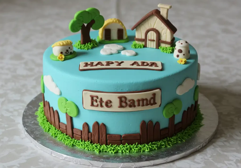  Nanalan-themed birthday cake with a house, characters, and garden details, featuring the names HAPY ADA and Ete Bamd.