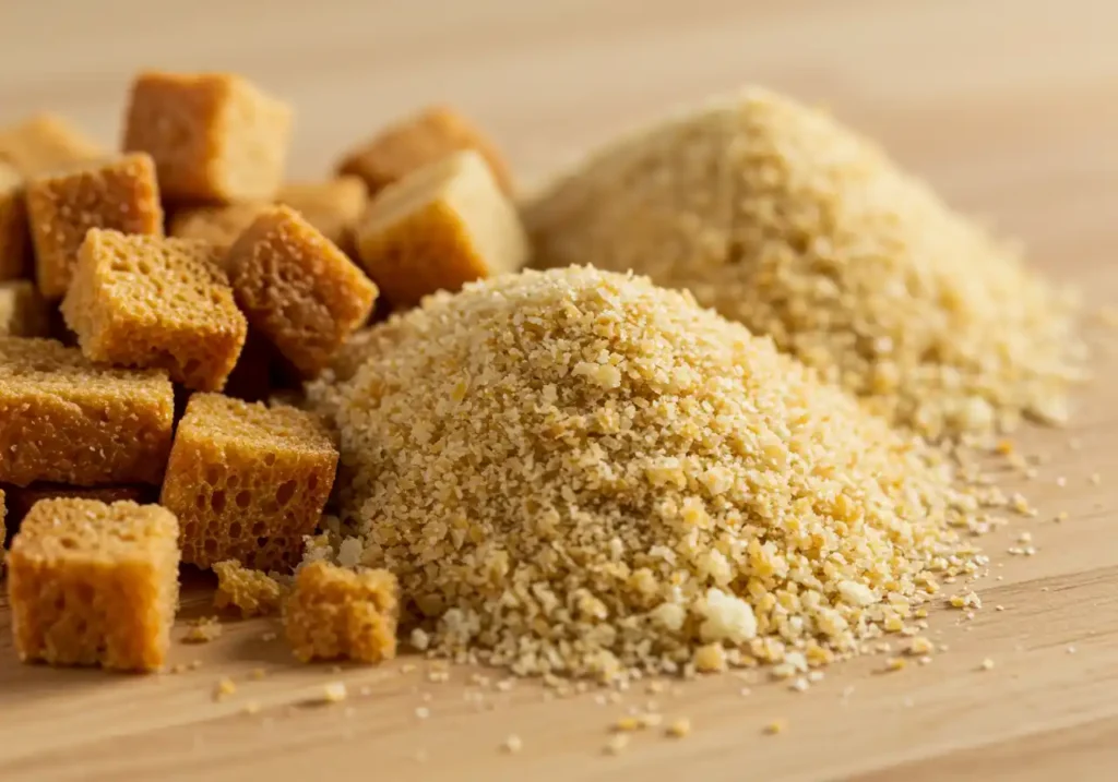 Two types of bread crumbs: larger, cubed croutons and finer, ground bread crumbs on a wooden surface.