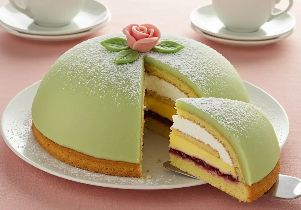 Sliced Princess Cake with green marzipan, layers of sponge cake, cream, pastry cream, and jam, dusted with powdered sugar, and topped with a pink marzipan rose.