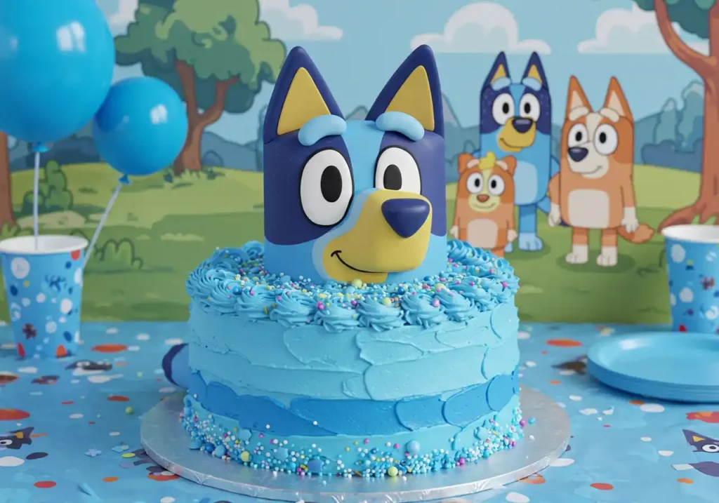 Bluey birthday cake with fondant figures of Bluey, Bingo, and other Bluey-themed decorations.