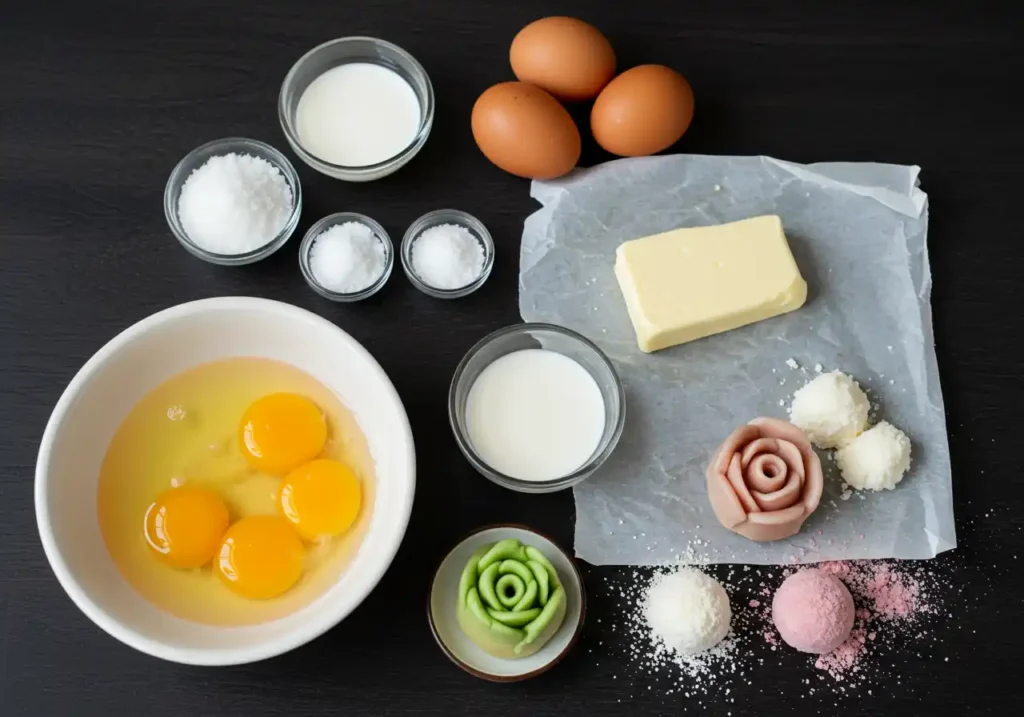 Assortment of cake ingredients: eggs, sugar, butter, milk, and decorative candies on a dark surface.