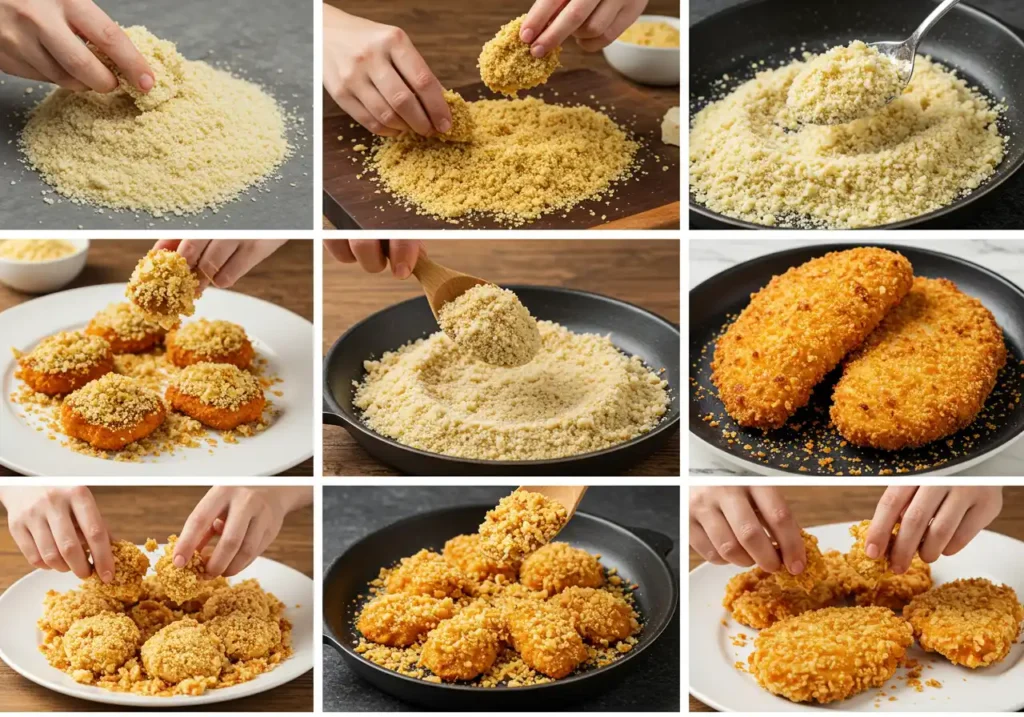 Collage showing step-by-step process of using breadcrumbs: handling, coating, and cooking food items.