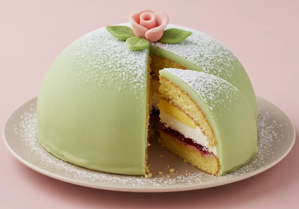 Sliced Princess Cake with green marzipan, layers of sponge cake, cream, pastry cream, and jam, dusted with powdered sugar, and topped with a pink marzipan rose.