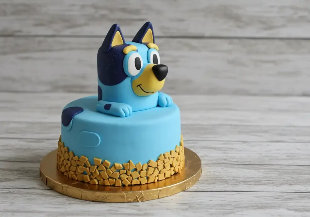 Bluey cake with a sculpted Bluey head, light blue frosting, and textured yellow decorations around the base.