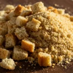 Bread crumbs with a mix of larger, cubed croutons and finer, ground bread crumbs on a wooden surface.